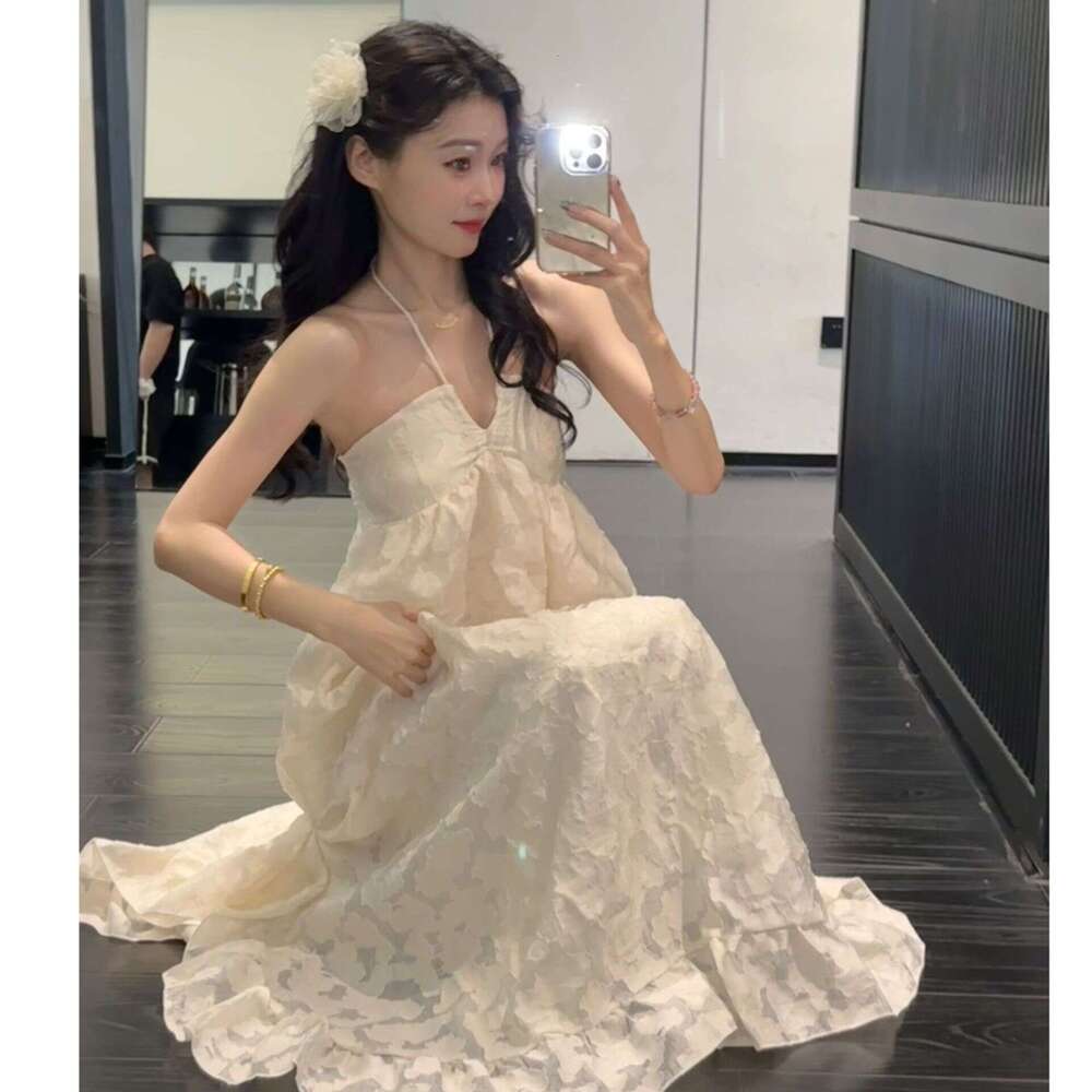 French Style Halter Neck For Women Summer Beach Photoshoot Vacation Backless Long Loose Slimming A-Line Dress B5