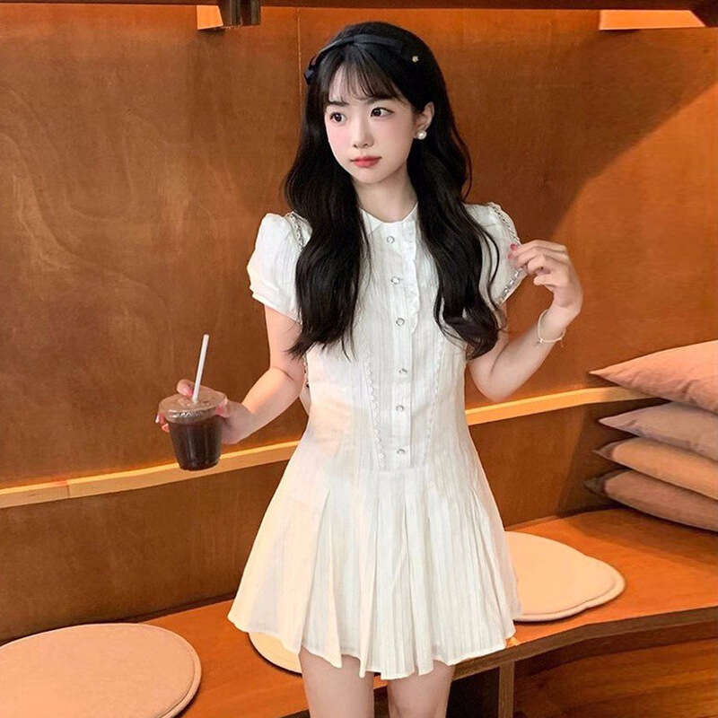 College White Puff Sleeve Shirt For Women Summer French Style Elegant Petite Waist-Cinching Sweet Short Dress B5