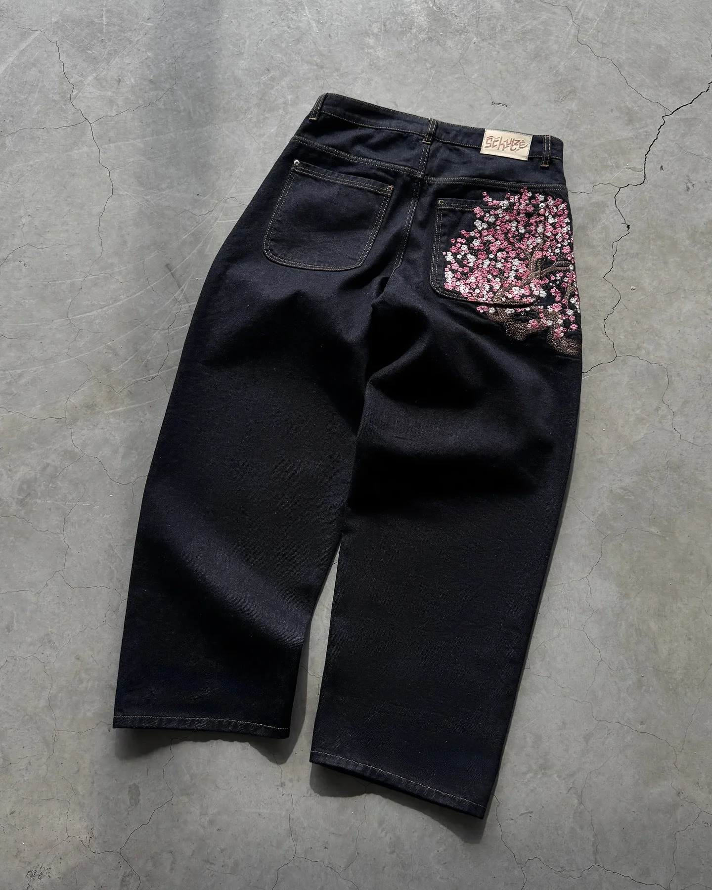 Y2k Vintage Cherry Blossom Pocket Embroidery Jeans Casual Black Baggy Straight Wide Leg Denim Pants Hip Hop Street Men Clothing 250708