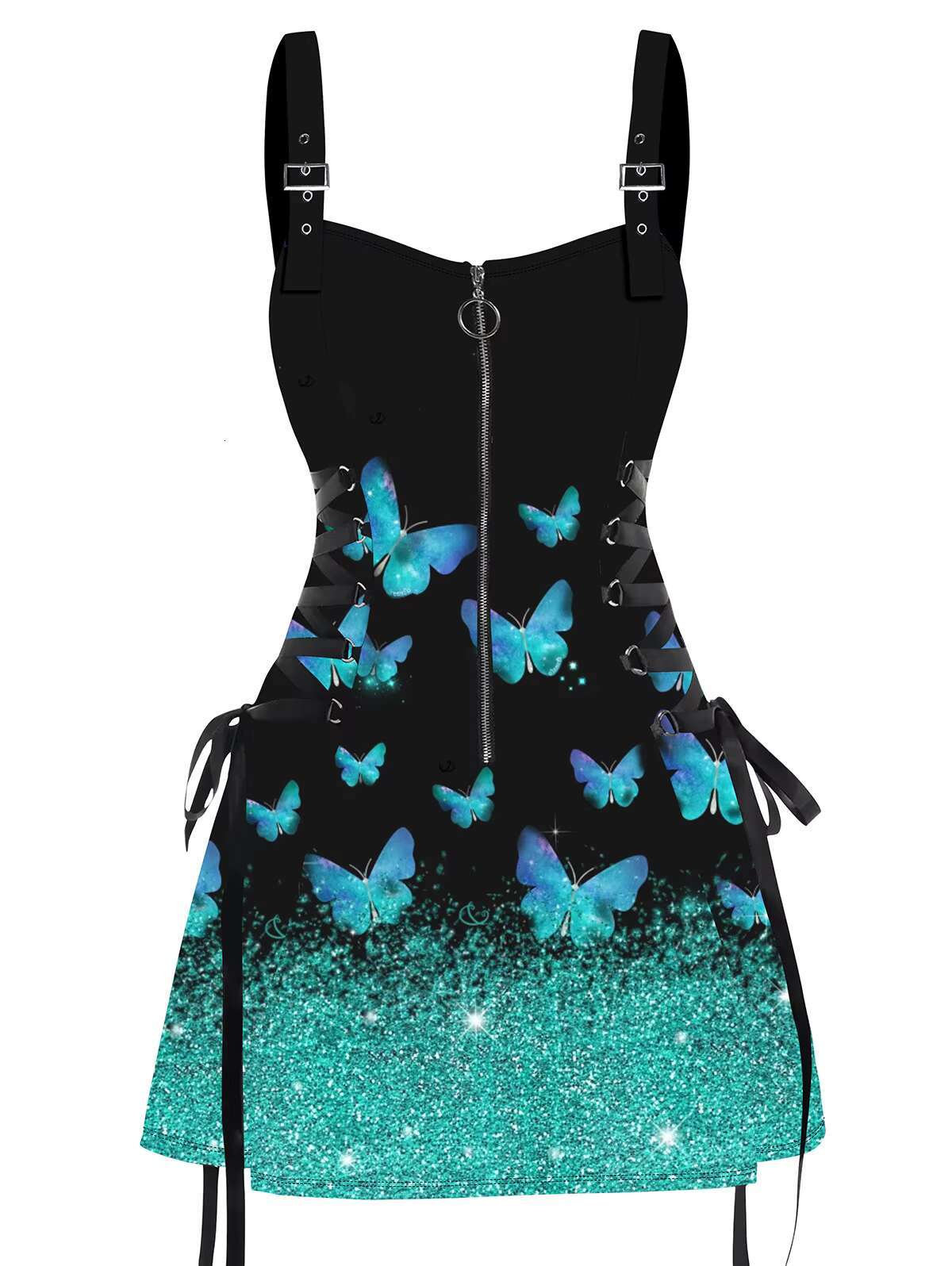 Dressfo 2025 Womens Sexy Sleeveless Dresses Shiny Butterfly Print Lace Up Half Zipper Buckle Strap Mini Dress Vestidos dongdumaoyi