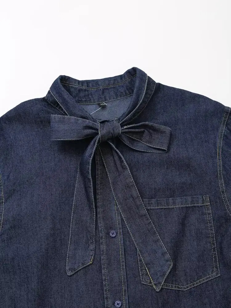 European And American Style Autumn Product Womens Versatile Bow Decoration Long Sleeved Casual Slim Denim Shirt 250704