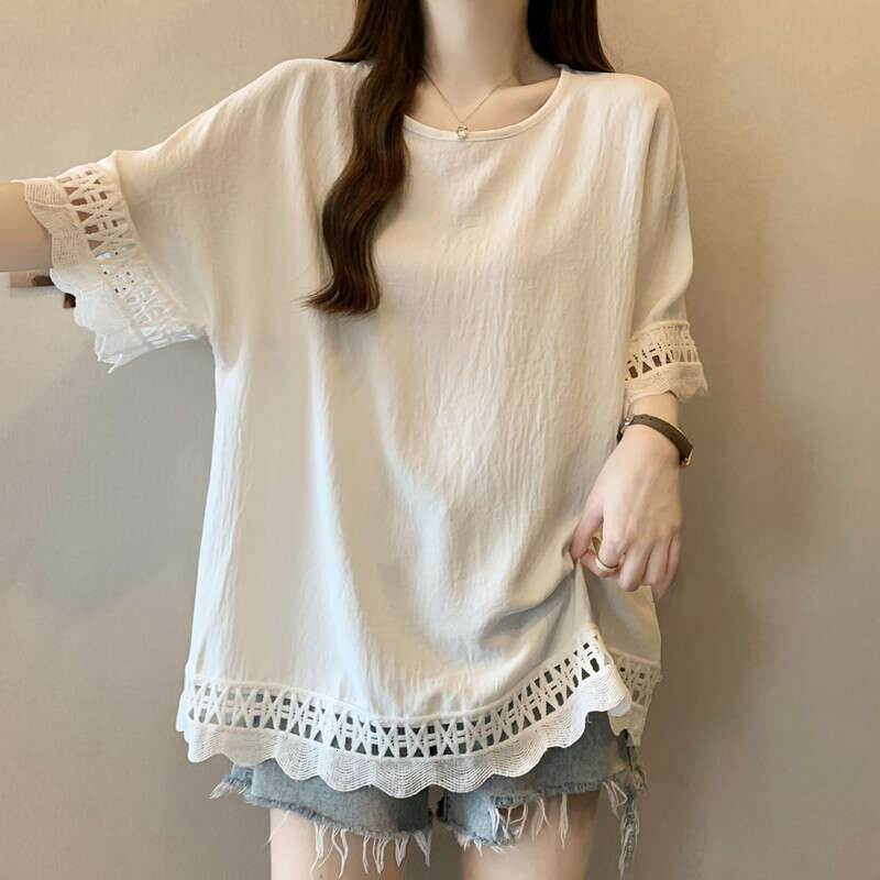 High-End Lace Hollow Short Sleeve T-Shirt Women Summer Plus Size Loose Stylish Top For Covering Belly B5