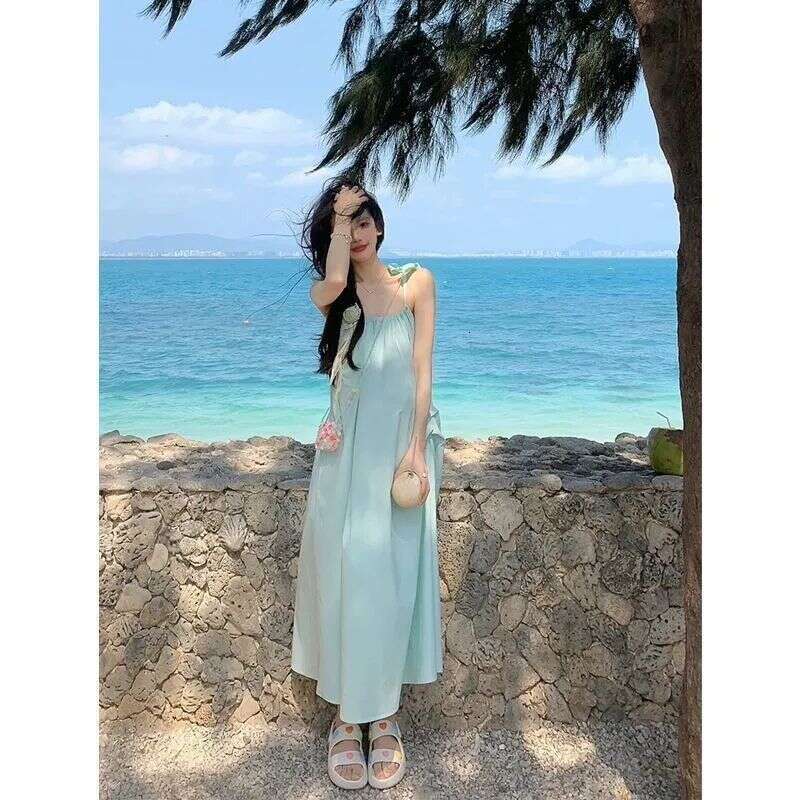 Pink French Tea Break Strap For Women, Sweet And Gentle Summer Style, Beach Vacation Long Dress B5