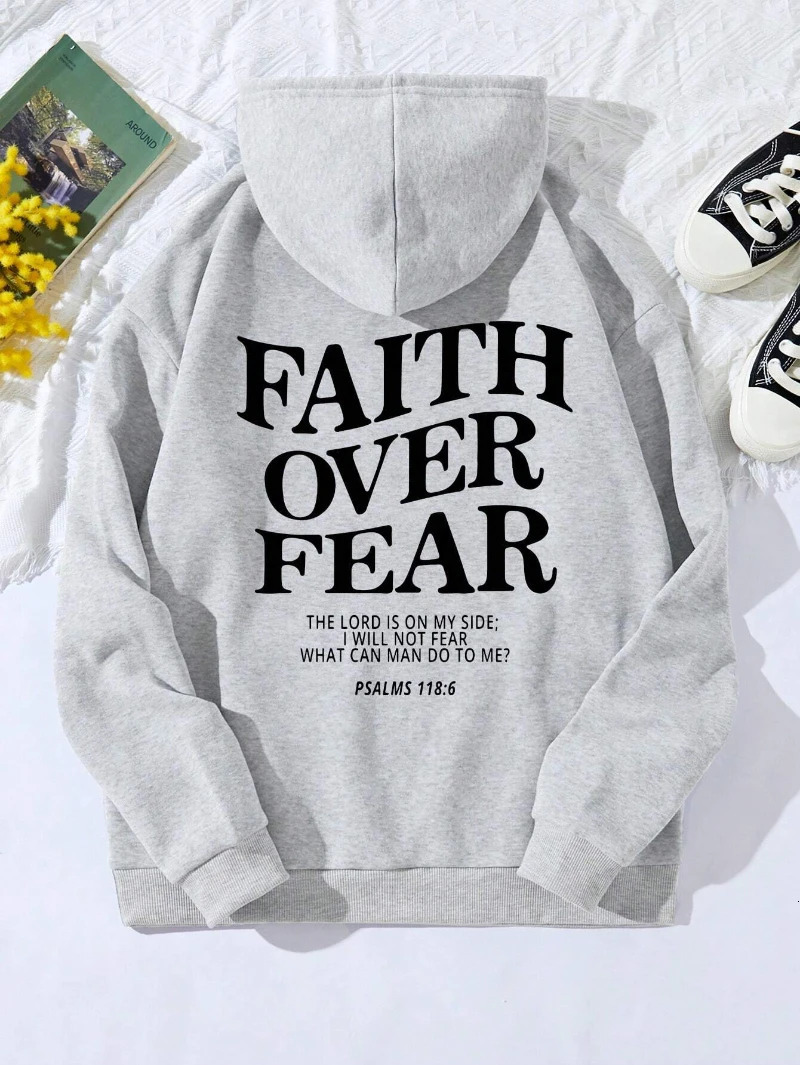 Casual Womens Hoodies Faith Over Fear Letter Printing Sweatshirts Fleece Warm Comfortable Pocket Pullovers Autumn Streetwear 250707
