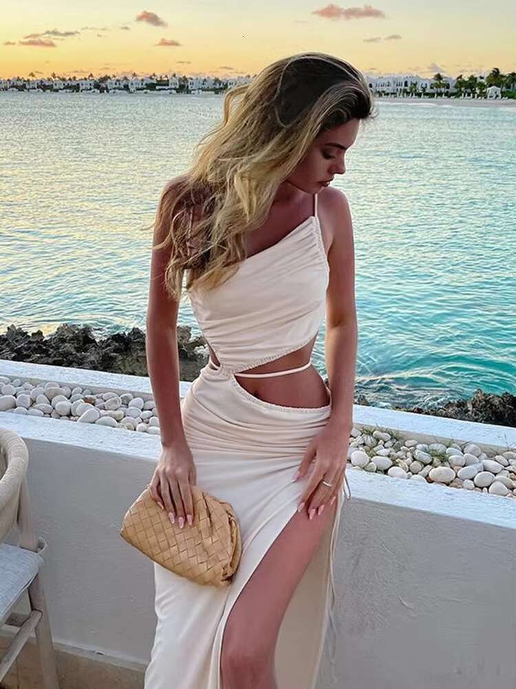 Cryptographic Elegant Sexy Cut Out Drawstring Ruched Long Dress for Women Summer Holiday Outfits Club Party Split Maxi Dresses dongdumaoyi