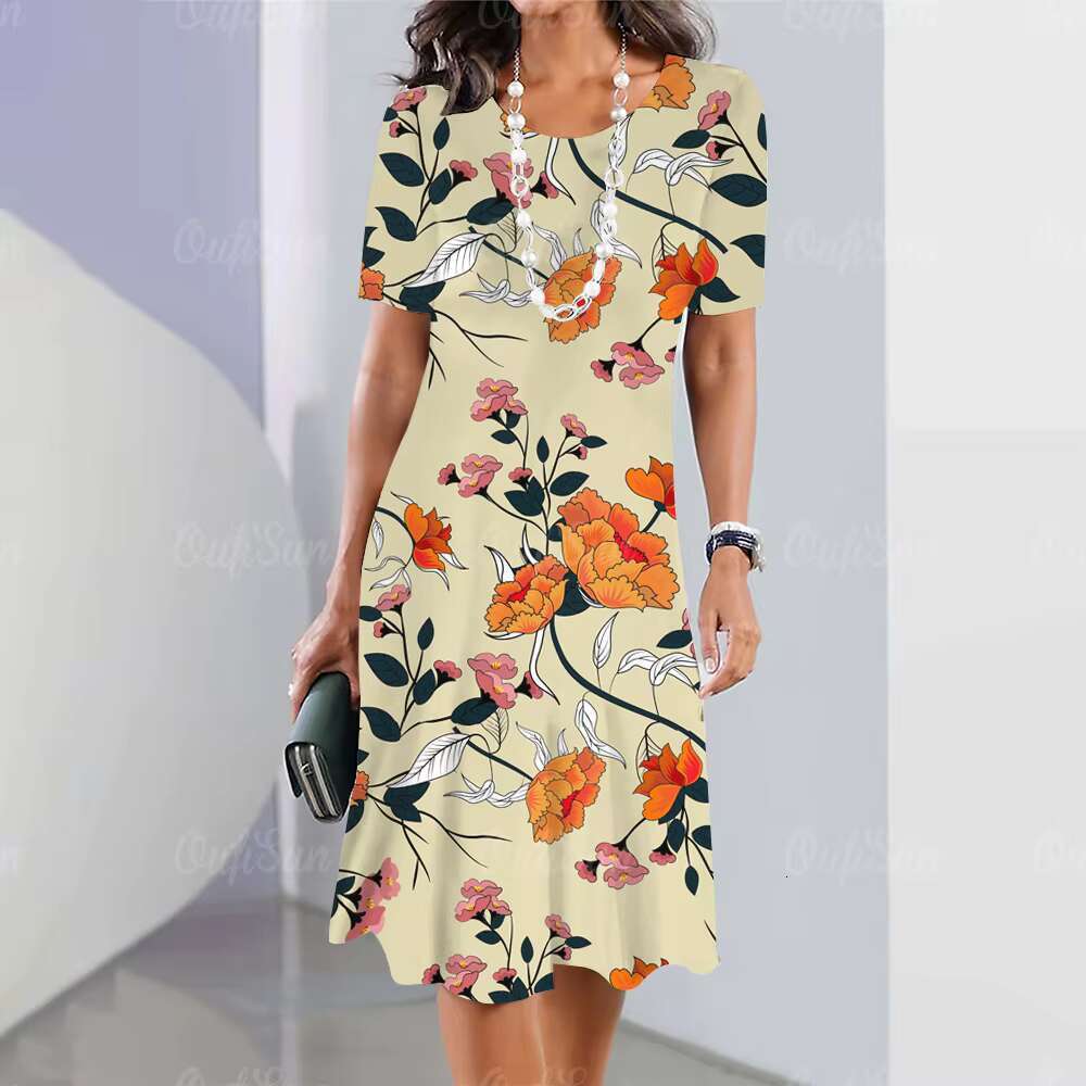 2023 Summer Womens Crushed Flower Elements Travel Party Dresses Elegant Casual Loose Short Sleeve Dress dongdumaoyi