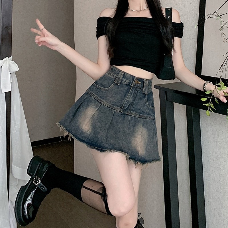 New Women's Skirt Summer Retro Outdated Style with Wrinkled Cowboy Skirt at the Bottom, Women's New Spicy Fold Skirt High Waist A-line Short