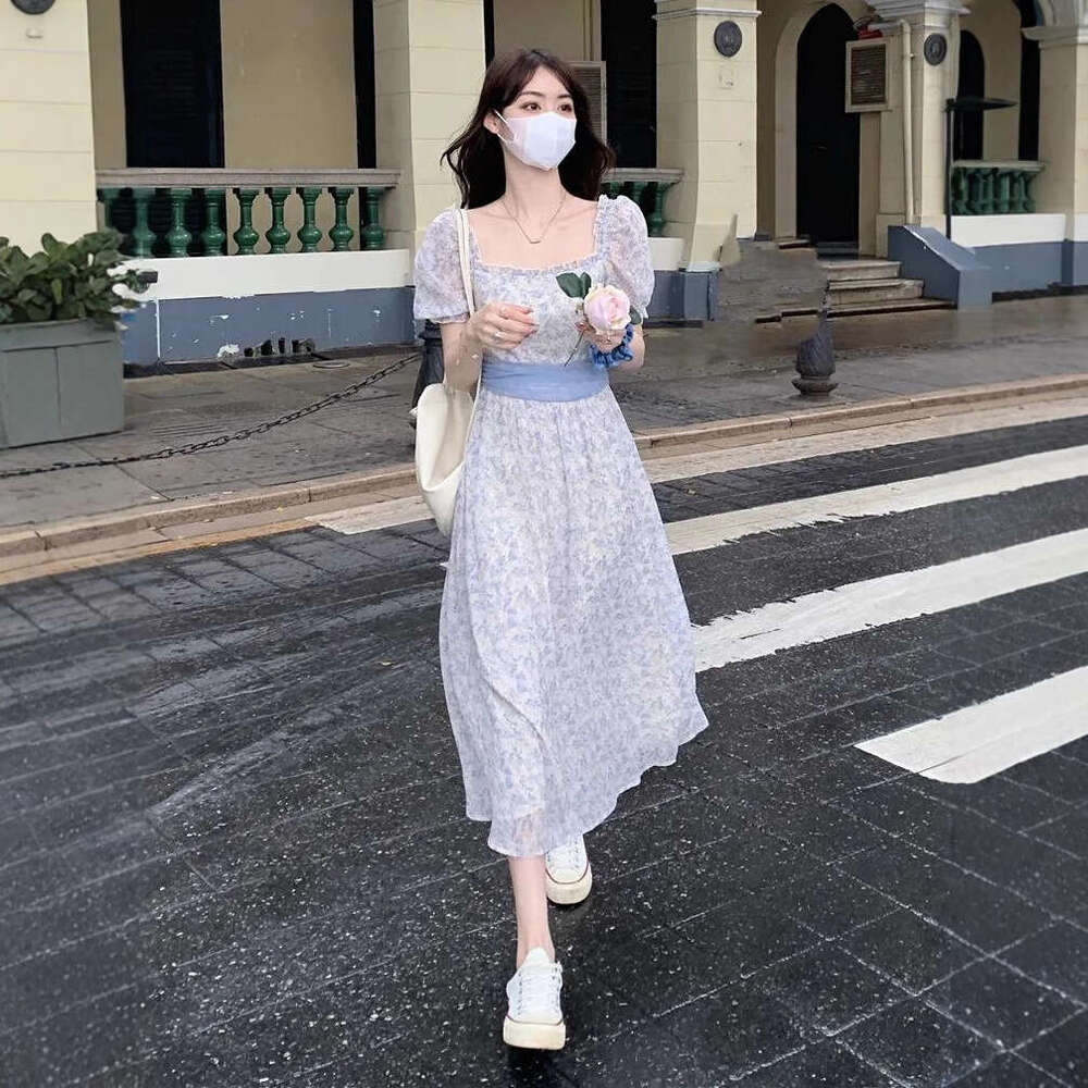 Gentle Style Floral Short For Women Summer New Waist Slimming Tie Bubble Sleeve Long Dress B5