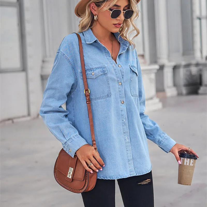 Solid Casual Loose Denim Shirts For Women 2025 Autumn Vintage Womens Oversized And Blouses Fashion Youth Female Tops 250704