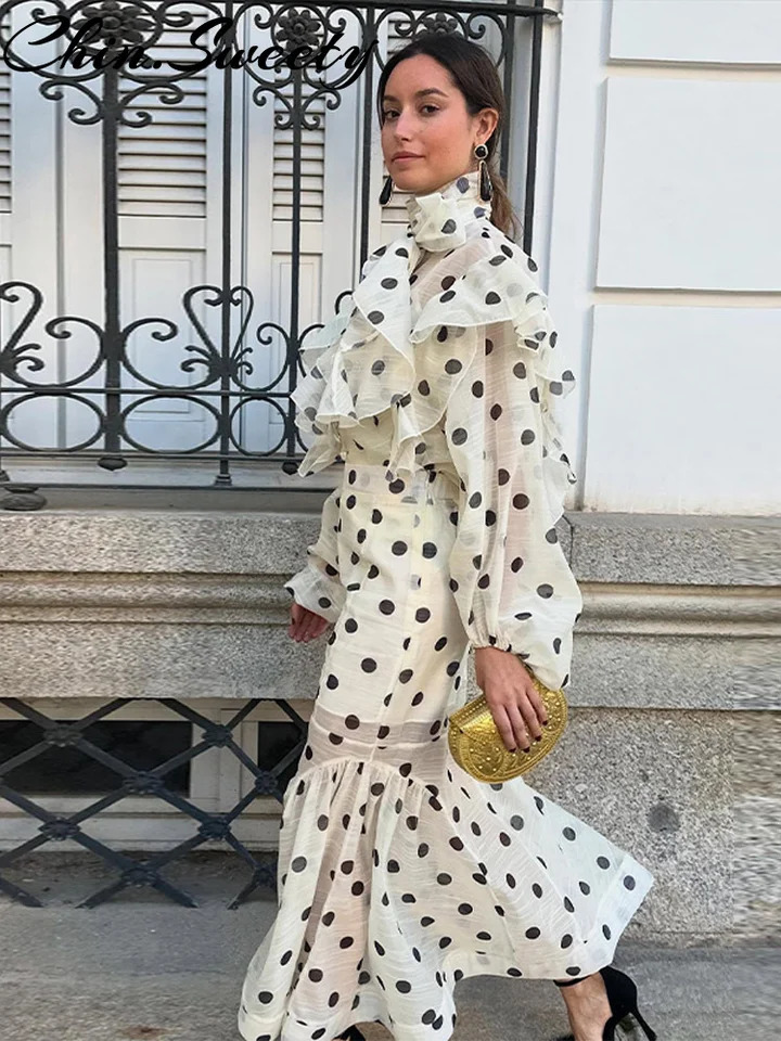 Bohemian Dot Print Women Top Skirt Set Urban Ruffled Full Sleeve Button Top Trumpet Skirt Summer Autumn Lady Outfits 250711