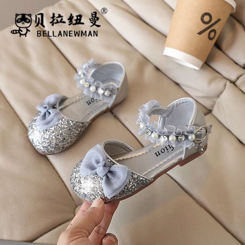 SHEIN Crystal Sequin 2025 Summer New Girls' Pearl Bow Princess Sandals Children's Shoes