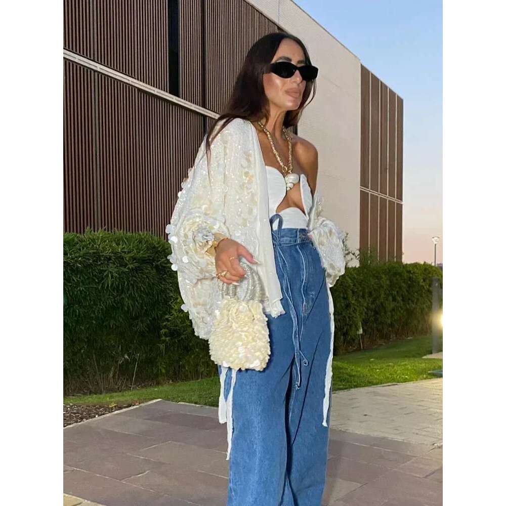 Women Sparkling Beaded Short Loose Jacket Chic Elegant V Neck Long Sleeve Lace Up Cardigan Autumn Female Fashion Streetwear