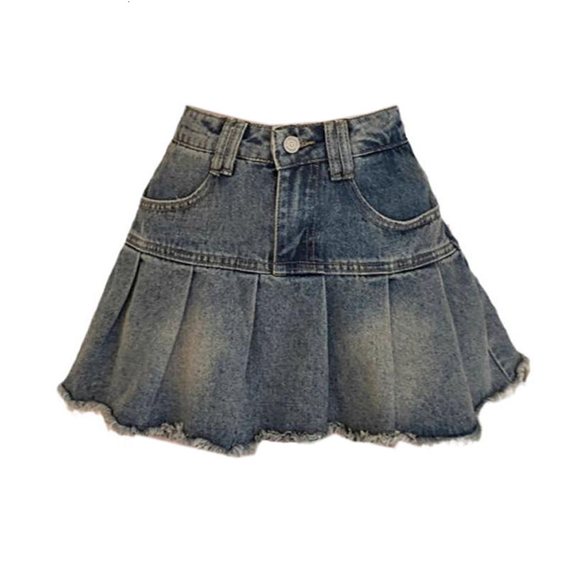 New Women's Skirt Summer Retro Outdated Style with Wrinkled Cowboy Skirt at the Bottom, Women's New Spicy Fold Skirt High Waist A-line Short