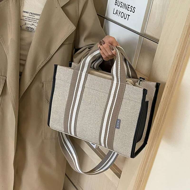 Linen Fabric Handbags For Women Quality Striped Large Capacity Shoulder Crossbody Latest Plain Color Shopping Totes Bag