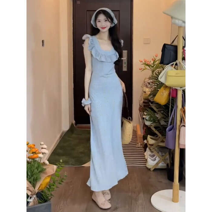 French Sweet Blue Polka Dot For Women Summer New Elegant Waist-Cinching Small Flutter Sleeve Mermaid Long Dress B5