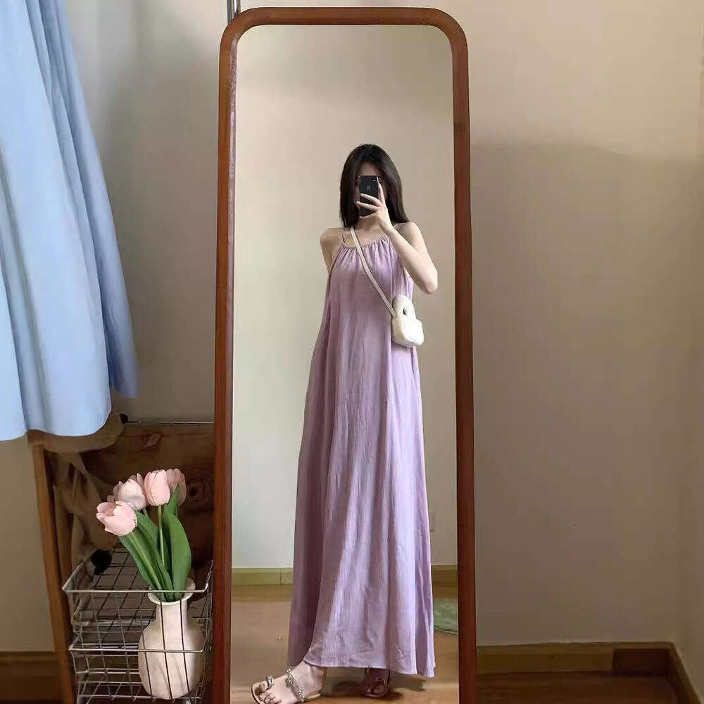 Purple Loose Strap For Women Summer New Vacation Gentle Long Chic Sleeveless A-Line Dress B5