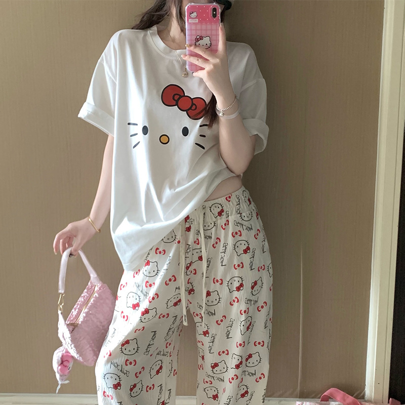 B972-Pajamas women summer pure cotton short-sleeved trousers cartoon student girl home clothes two-piece set