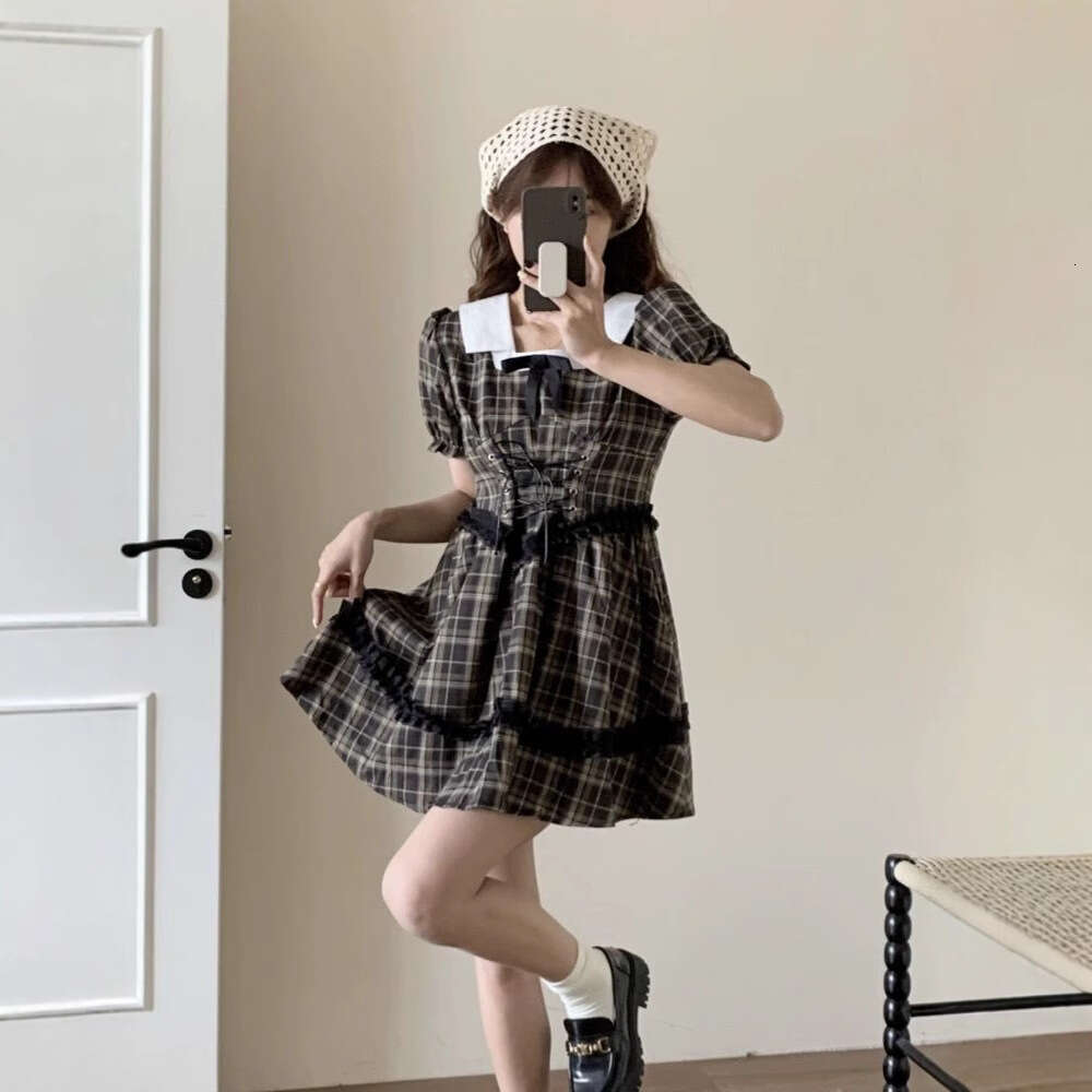 French Black Plaid For Women Summer New Korean College Style Puff Sleeve Waist-Cinching Short Dress B5