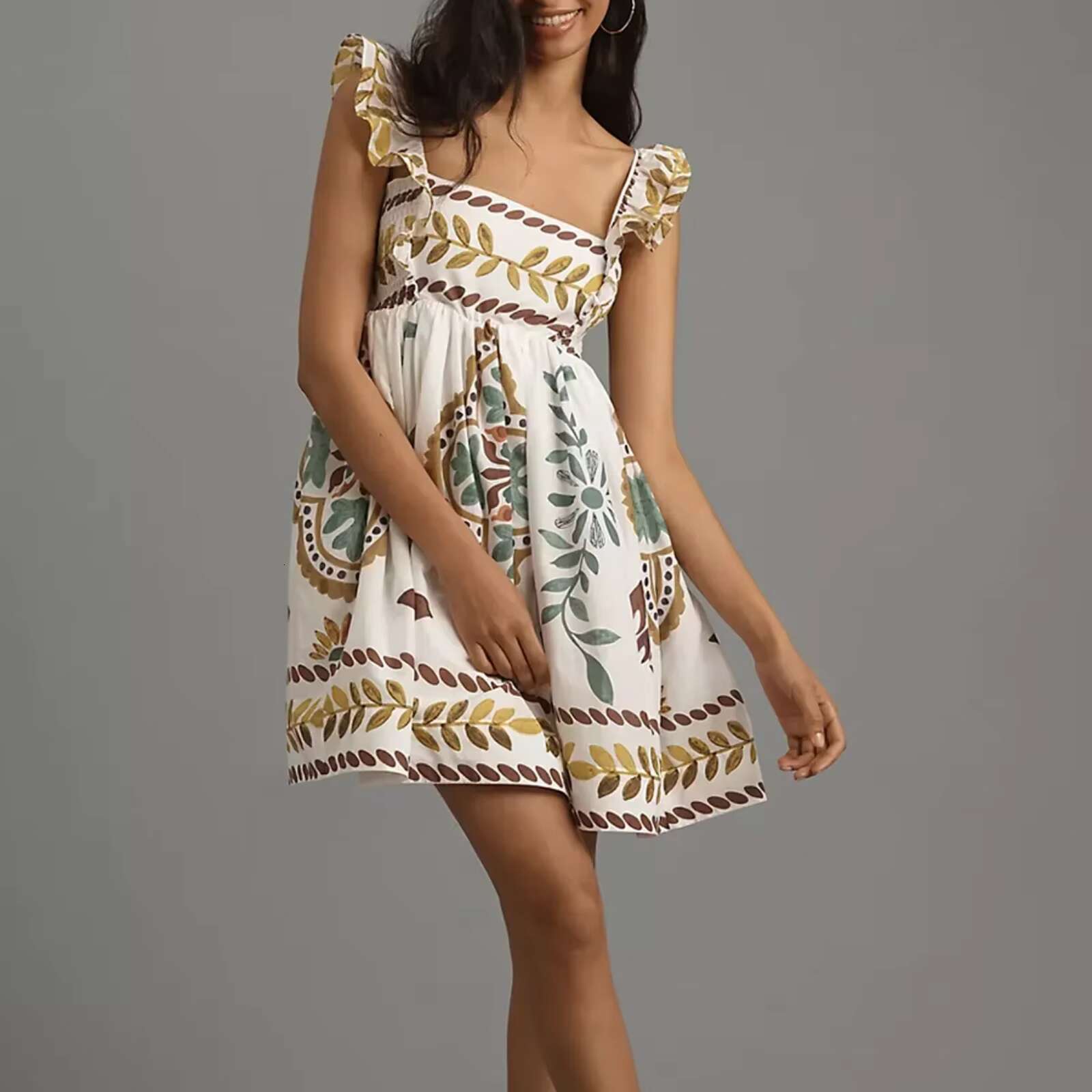 Womens Bohemian Mini A-Line Fashion Sweet Ruffle Sleeveless Square Neck Short Flowy Beach Dress dongdumaoyi