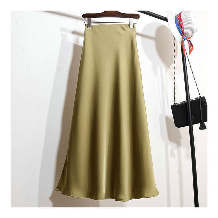 High-End Elegant Champagne Color Imitation Acetate Satin A-Line Spring Autumn Women New Style Half Long Skirt B5 h7