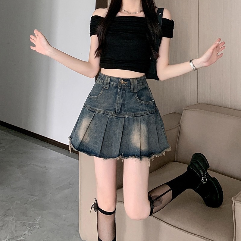 New Women's Skirt Summer Retro Outdated Style with Wrinkled Cowboy Skirt at the Bottom, Women's New Spicy Fold Skirt High Waist A-line Short
