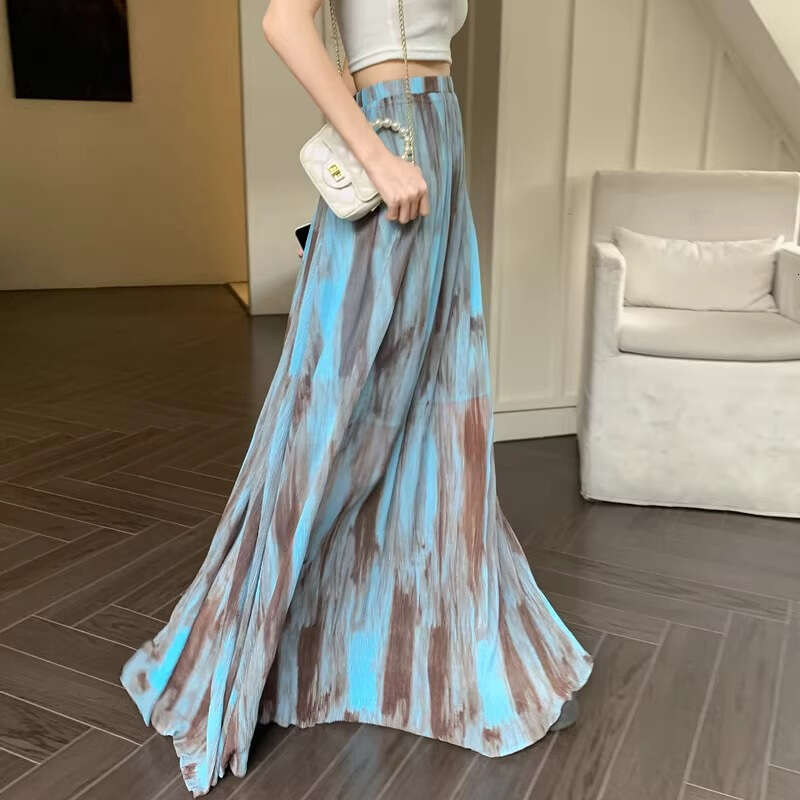 Summer Ink Wash Pleated Midi For Women, Slim Fit High Waist Draped Loose Flared Long Skirt B5