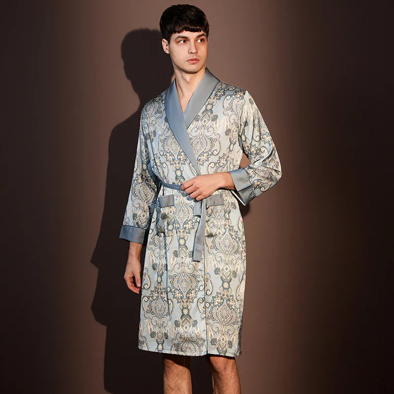 High Quality Satin Pajamas Suit Male Summer Mens Bathrobes Ice Silk Thin Sleepwear Male Long Sleeve Robes Four Seasons Yukata 250710