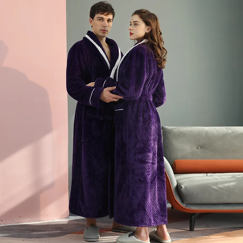 Winter Lovers Solid Flannel Thicken Robe Sets Couple Long Bathrobe Gown Nightwear With Pocket Intimate Lingerie Home Clothing 250710