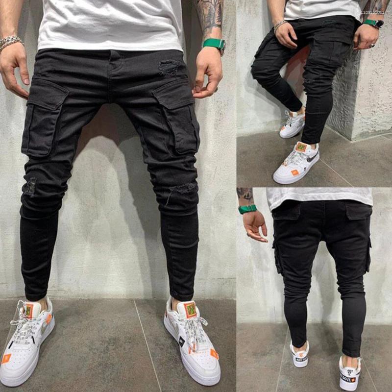Men's Jeans Fashion Streetwear Ripped Skinny Men Side Mulit Pockets Denim Cargo Pants Slim Fit Pantalones Hombre Soft Elastic Joggers