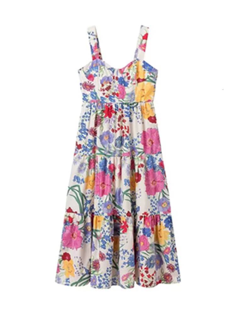 Zevity 2024 Women Sweet Floral Print Tierred Sling Midi Dress Female Chic Side Zipper Patchwork Pleats Vestidos DS6200 dongdumaoyi