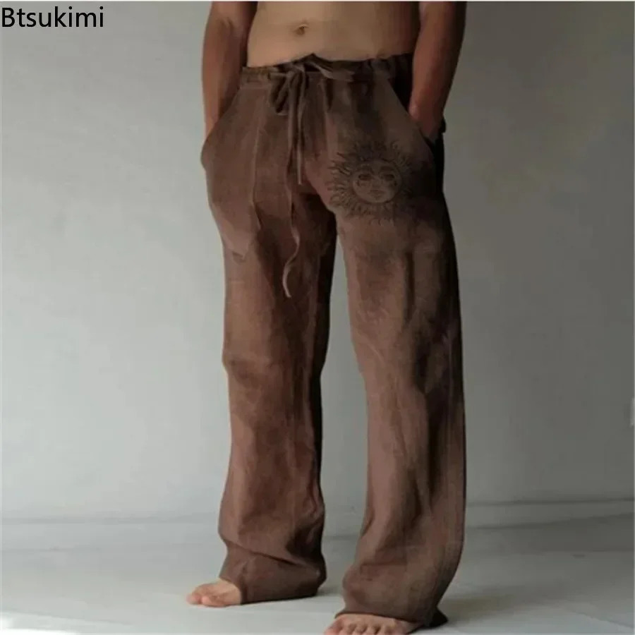 Mens Cotton Linen Pants Oversized Jogger Sweatpants Casual Flower Print Plus Size Loose Wide Leg Pants Men Casual Trousers 250708