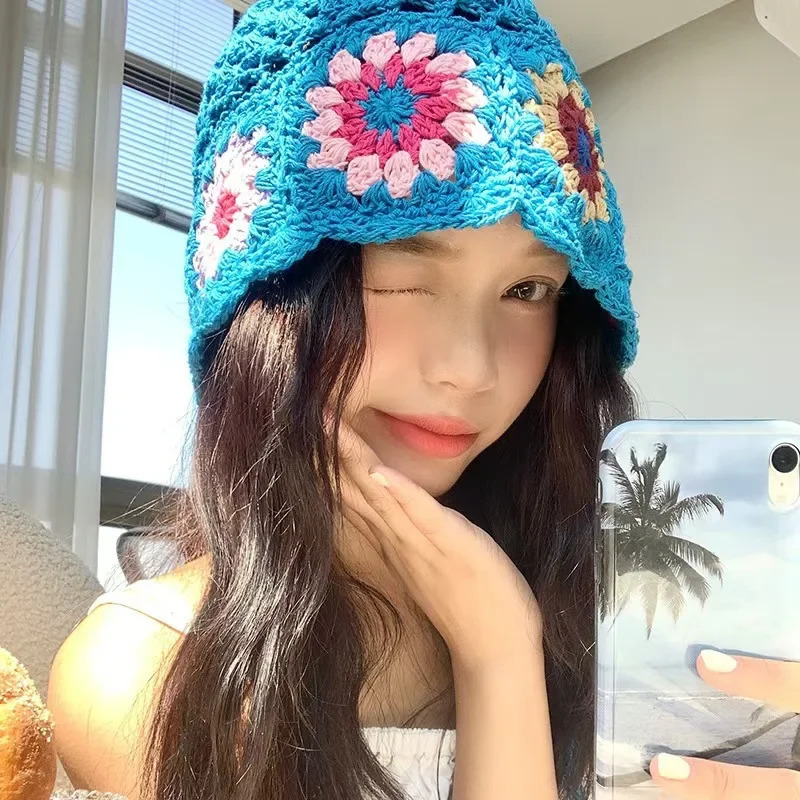Breathable Sunscreen Hollowed Out Knitted Hat Casual Summer Skullies Fashion Flowers Beret Cap for Women 250704