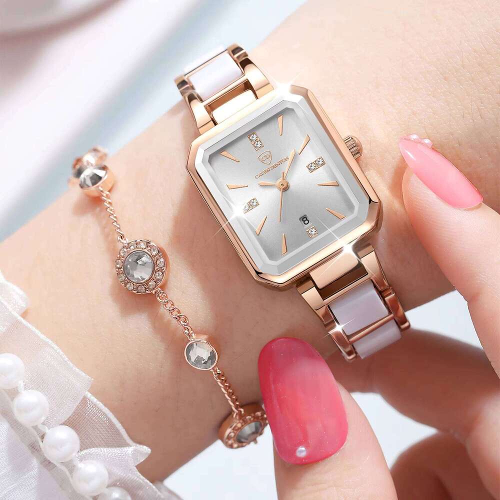 DHgargets Elegant Square Women's Watch with Calendar & Diamond Accents, Waterproof Quartz Wristwatch for Women, Luxury C080 Fashion Watch
