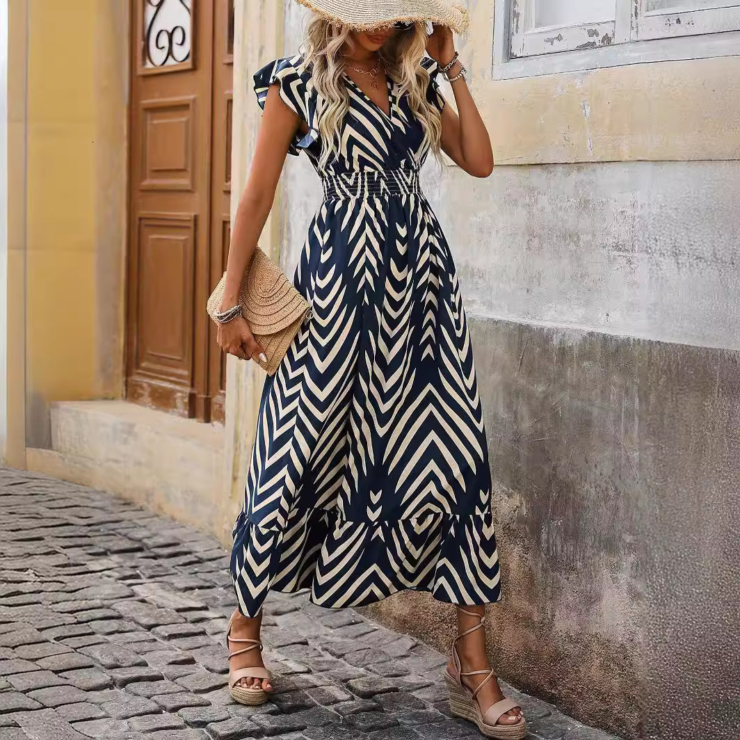 2025 New women's dress summer new V-neck elegant style women's dress new striped printed short sleeved pleated cuff dress new designer dress