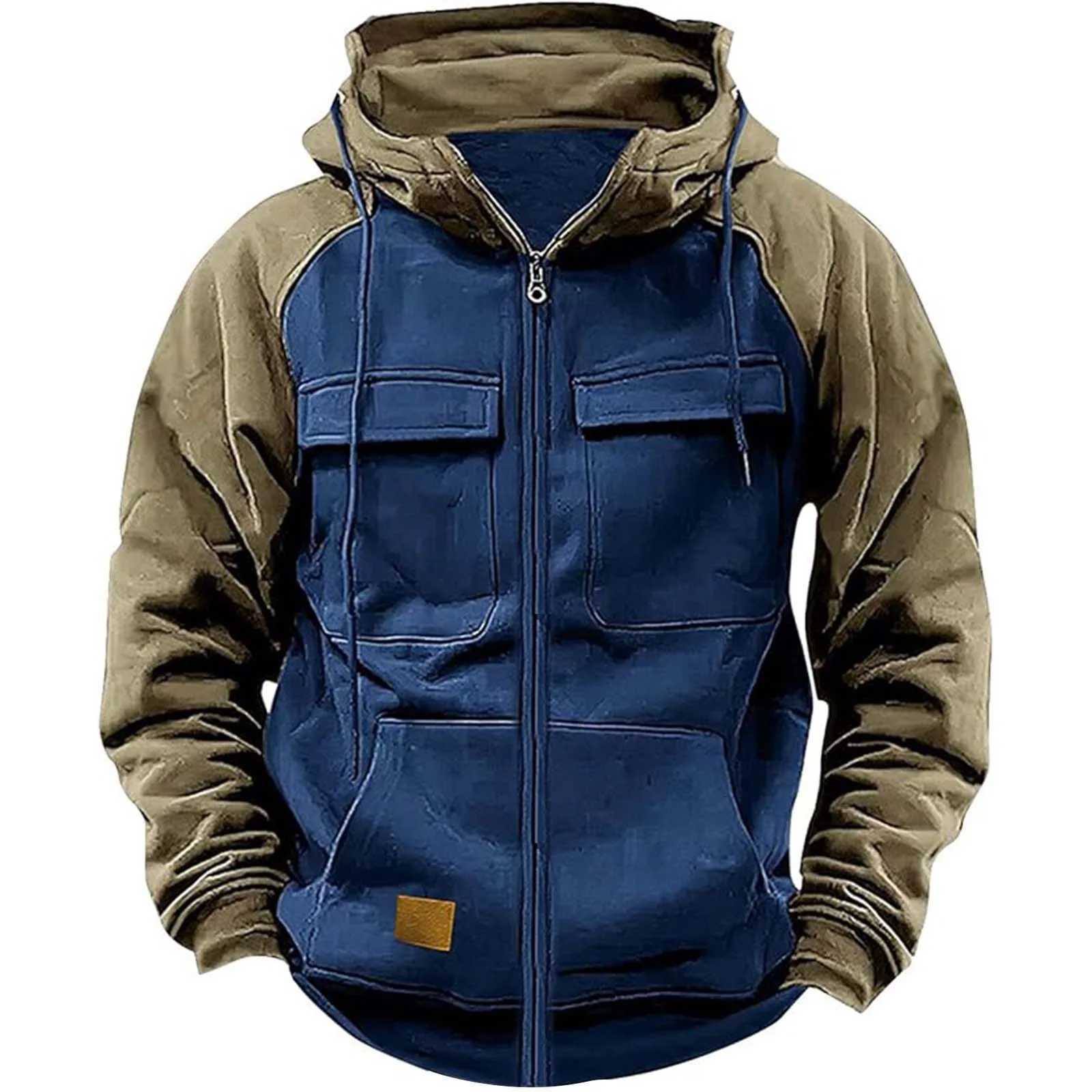Autumn Winter Hoodies Men Zipper Patchwork Warm Fleece Sweatshirts Multi Pockets Mens Fashion Hooded Jacket Thick Outdoor Hoodie XJ250714