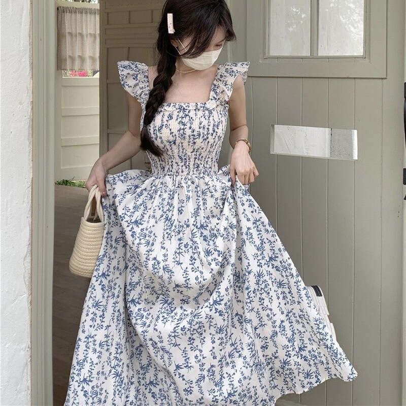French Style Sleeveless Square Neck Strap For Women Summer New Waist-Cinching Slimming A-Line Midi Dress B5