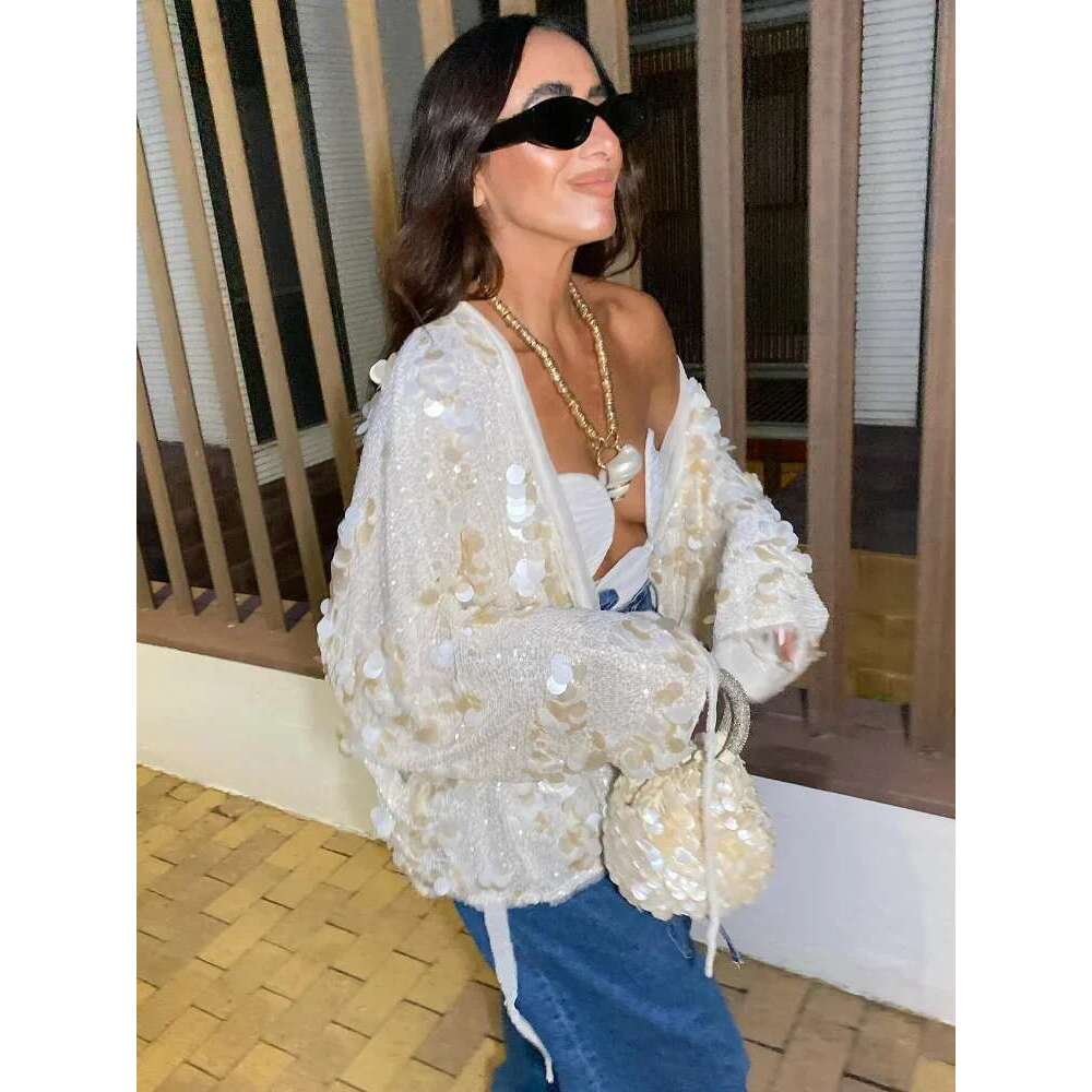 Women Sparkling Beaded Short Loose Jacket Chic Elegant V Neck Long Sleeve Lace Up Cardigan Autumn Female Fashion Streetwear