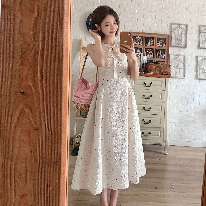 Summer Tea Break French Style First Love Design Sense Beige Polka Dot For Women High-End Gentle Sweet Long Dress B5