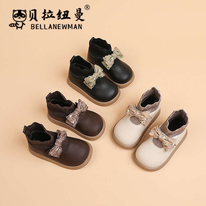 Girls' Bowknot Sweet Sock 2023 Autumn Fashion Children's Black Leather Boots for Young and Middle-aged Kids