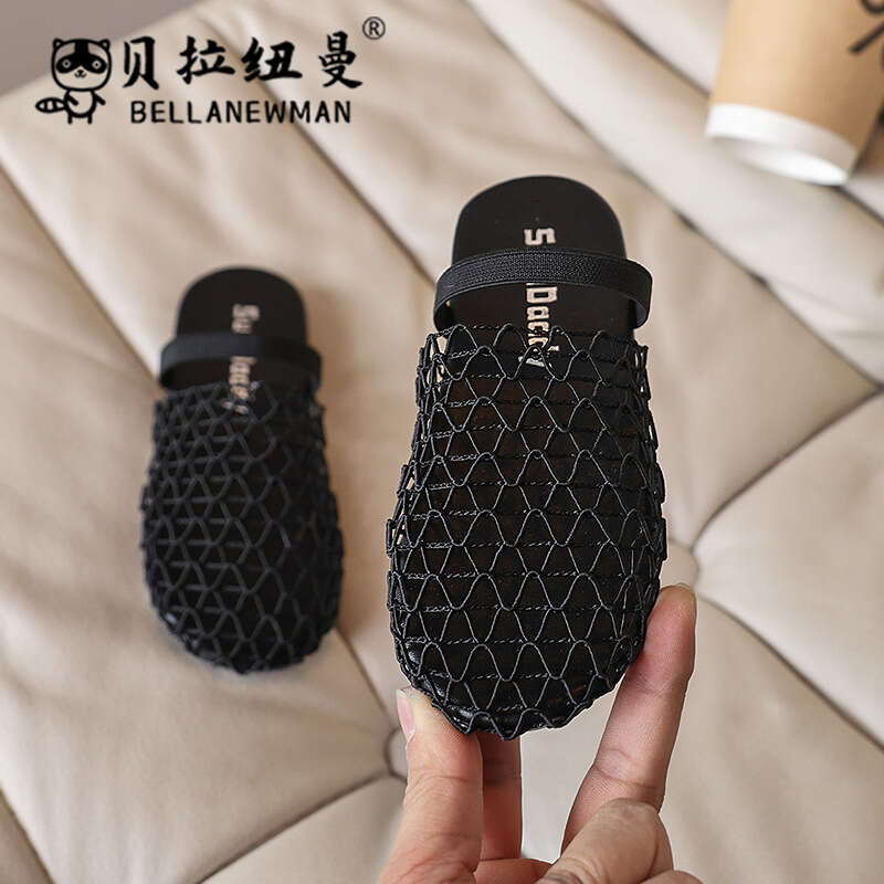 Niche Fishnet Woven Hollow Toe Half Slippers 2025 Summer New Girls Flat Outdoor Sandals