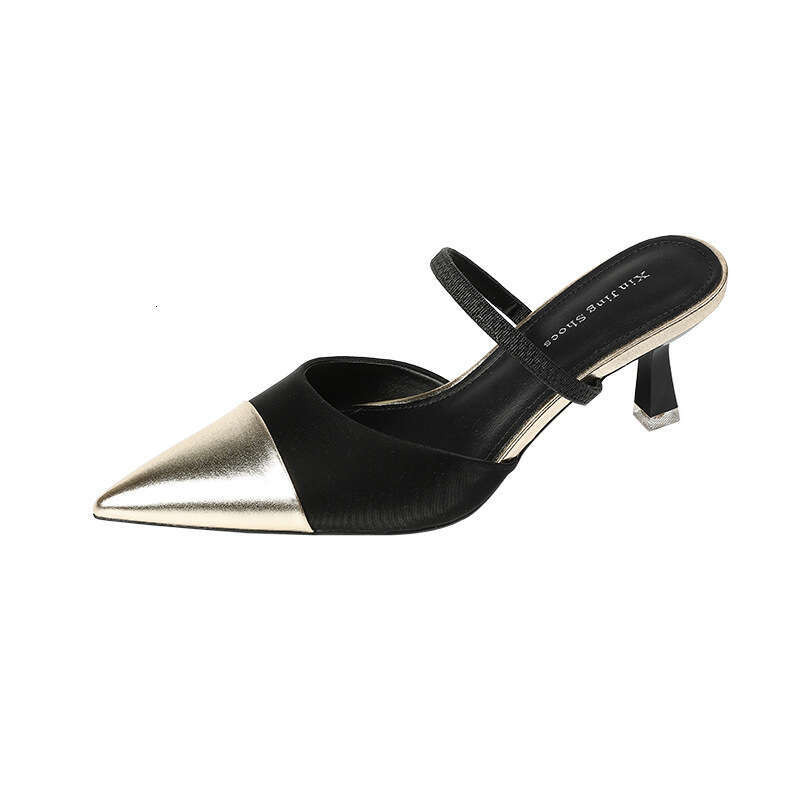 699-70 New Style Small Fragrance Color Block Pointed Toe Half Mules Sandals with Open Back and Closed Toe, Strappy Kitten Heels for Women