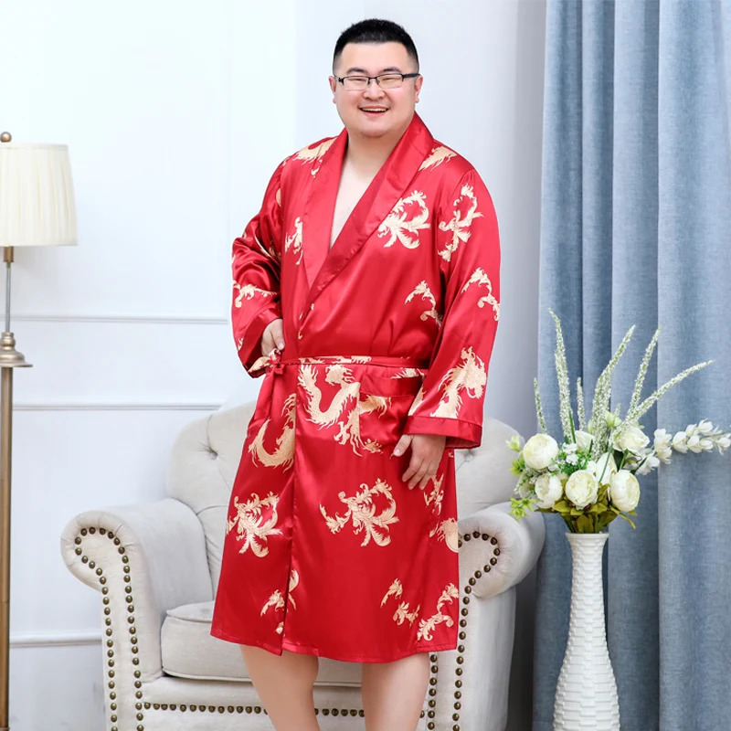 Men Silky Satin Kimono Robe 2PC 7XL Long Sleeve Shorts Set Soft Dragon Dressing Gown Bathrobe Sleeprobe Male Lounge Home Wear 250710