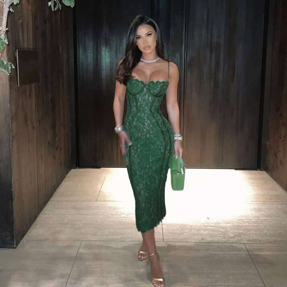 Suninheart Summer Midi Green Dress Elegant Spaghetti Strap Wedding Guest Party Sexy Birthday Dresses for Women