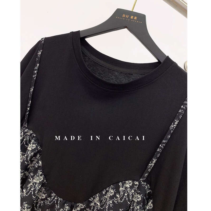 Floral Patchwork Fake Two-Piece Top Plus Size Fashion Short Sleeve Dress Women's Youthful Slimming Korean Style T-Shirt B5 h7