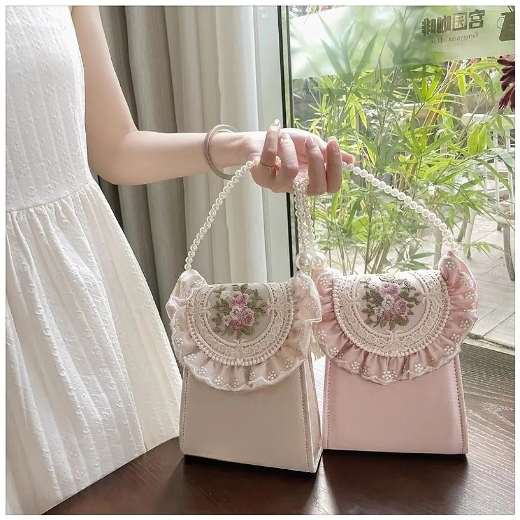 JIAERDI Vintage Embroidery Handbag Women Pearl Handle Purse Pink Flowers Clutch Evening Party Bag Small Phone Bags 250704