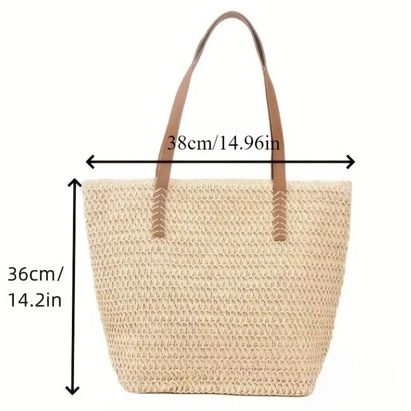 Korean Large Capacity Straw Woven Shoulder Bag Female Simple Summer Beach Vacation Handmade Basket Bag Travel Tote Bag 250704