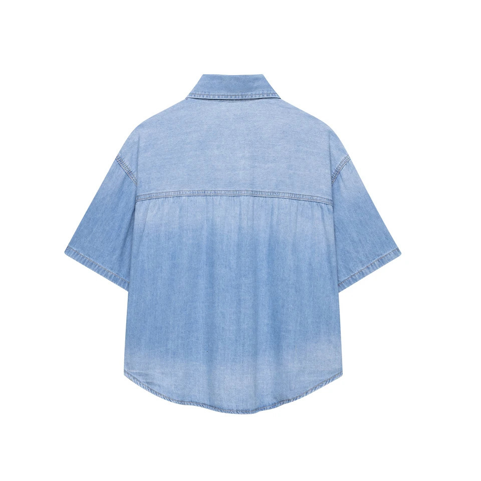 DUOPERI Women 2025 Summer Fashion Denim Blue Blouse Lapel Neck Short Sleeves Female Elegance Chic Lady Casual Shirts 250704