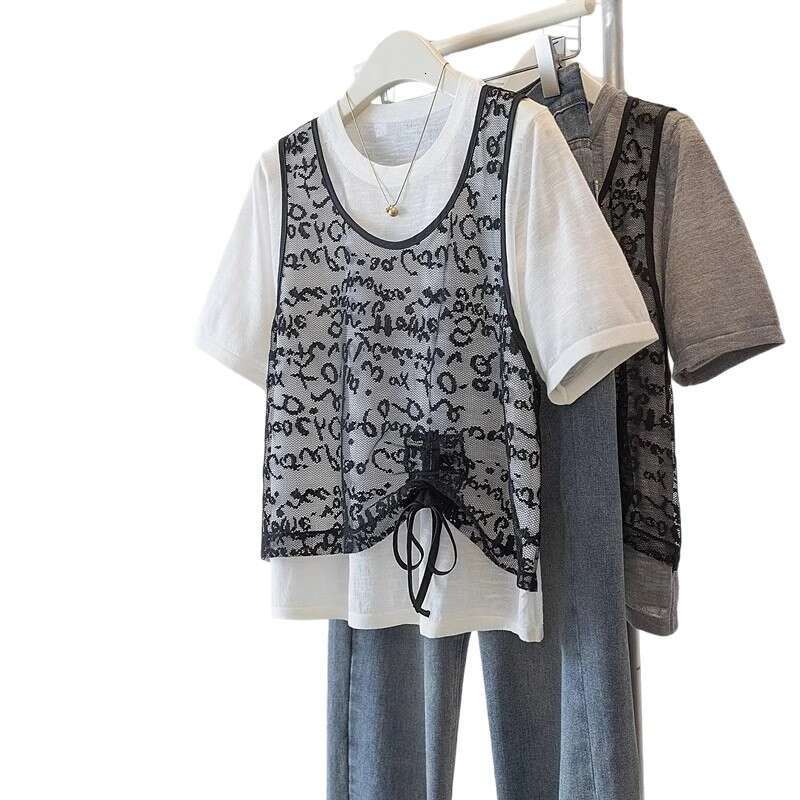 High-End Feel Plus Size Fake Two-Piece Lace Patchwork Short Sleeve T-Shirt For Women Summer Design Loose Casual Drawstring Top B5 h7