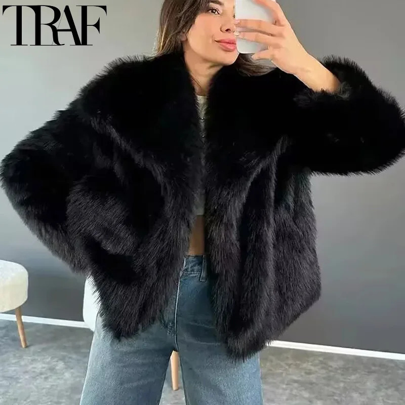 TRAF Winter Faux Fur Coat Woman in coats Autumn Fur Plush Fluffy Jacket Warm Red Gray Black White Fur Coat Outerwears 250708