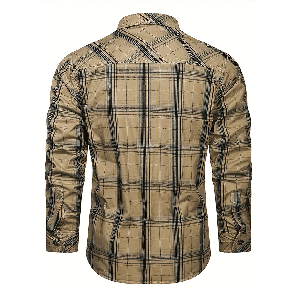 2024 Plaid Shirt for Men Long Sleeve Striped Outdoor Casual Shirts Turndown Collar 2Pokcet Cargo High Quality Tops 250704